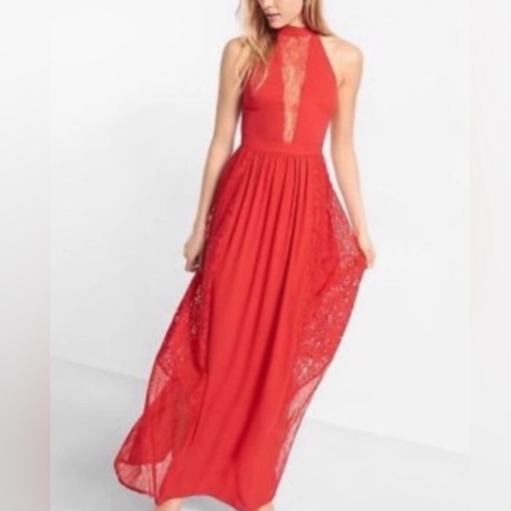 Express Sexy Red High Neck Keyhole Lace Maxi Dress